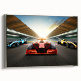 Framed canvas of vintage race cars in motion, featuring a black background with colorful detailing.
