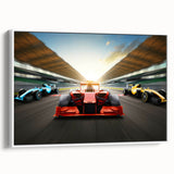 Framed canvas featuring a vintage poster art of colorful race cars, ideal for extra large wall art in a living room.