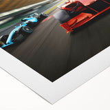 Art deco poster featuring race cars in vivid red and black on rolled canvas, suitable for dining room wall art.