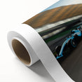 Art deco style race cars in vibrant colors on rolled canvas, ideal for nursery wall art.