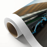 Art deco style race cars in vibrant colors on rolled canvas, ideal for nursery wall art.