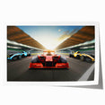 Extra large rolled print featuring a dynamic race car scene in vivid colors, suitable for art wall dining room.