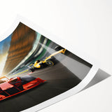 Extra large wall art featuring a collection of race cars in dynamic motion on a rolled print.