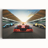 Black and white photo of race cars on stretched canvas, suited as large kitchen wall art.