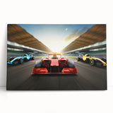 Black and white photo of race cars on a track, printed on large stretched canvas.