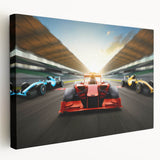 Side view of race cars in motion on a stretched canvas, featuring vibrant red and blue tones, suitable for kitchen wall art.