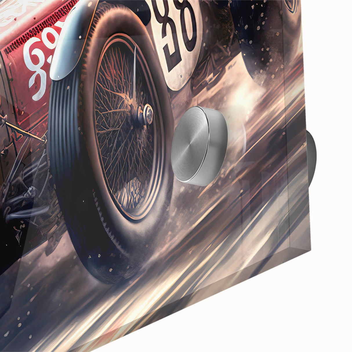 Mid-century modernist race cars in dynamic colors on large acrylic glass, suitable for dining room art.
