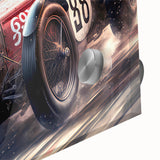 Mid-century modernist race cars in dynamic colors on large acrylic glass, suitable for dining room art.