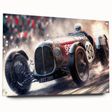 Acrylic print of race cars in motion, featuring vibrant red and blue tones, ideal for a modern bedroom or dining room decor.