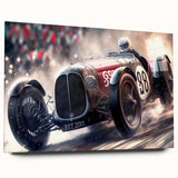 Side view of race cars in motion on acrylic glass, featuring vibrant red and blue tones.