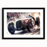 Extra large abstract art print of colorful race cars, textured design on a black framed mat, ideal for living room decor.