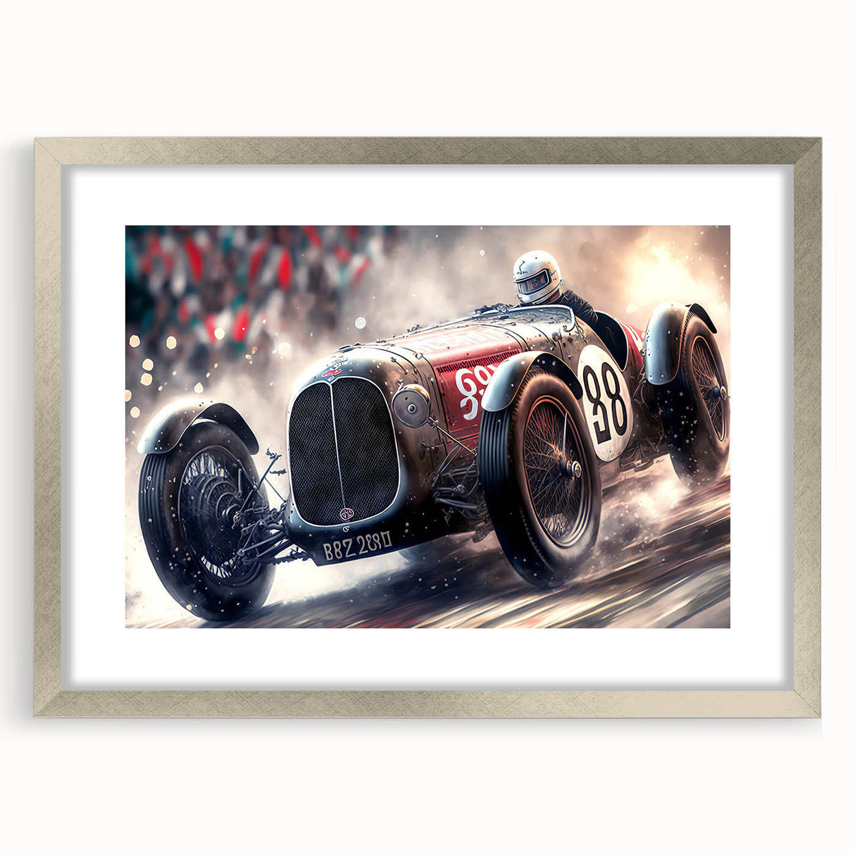 Abstract art print of racing cars in textured silver hues on a framed canvas, suitable for enhancing a bedroom's ambiance.