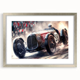 Abstract art print of racing cars in textured silver hues on a framed canvas, suitable for enhancing a bedroom's ambiance.