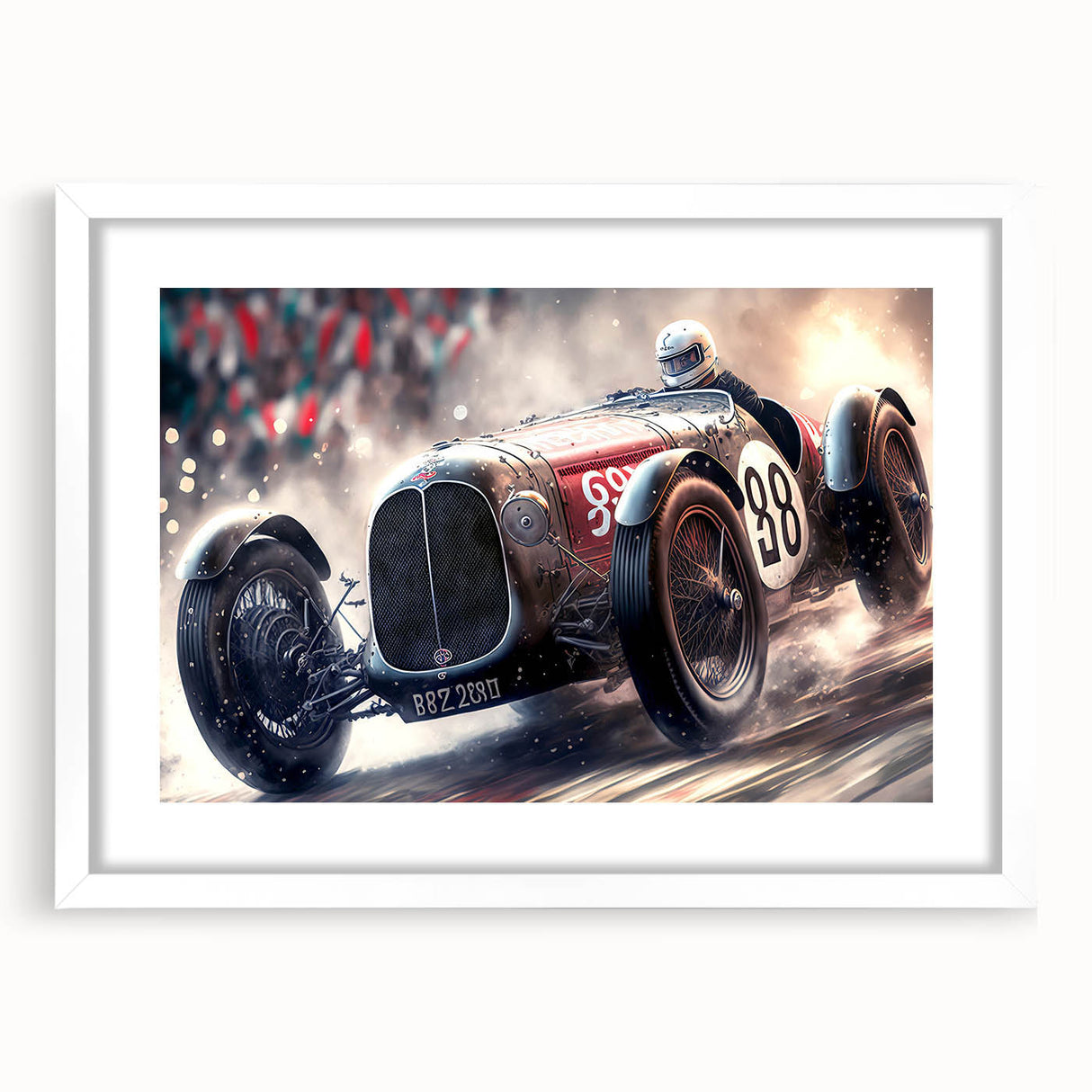 Abstract art print of race cars in motion, using blurred multicolor lines on a white framed canvas.