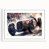 Abstract art print of race cars in motion, using blurred multicolor lines on a white framed canvas.
