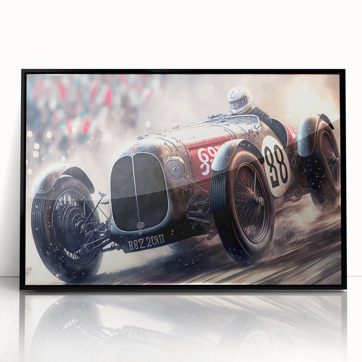 Large abstract wall art featuring race cars in dynamic motion, rendered in bold colors on a black acrylic frame.
