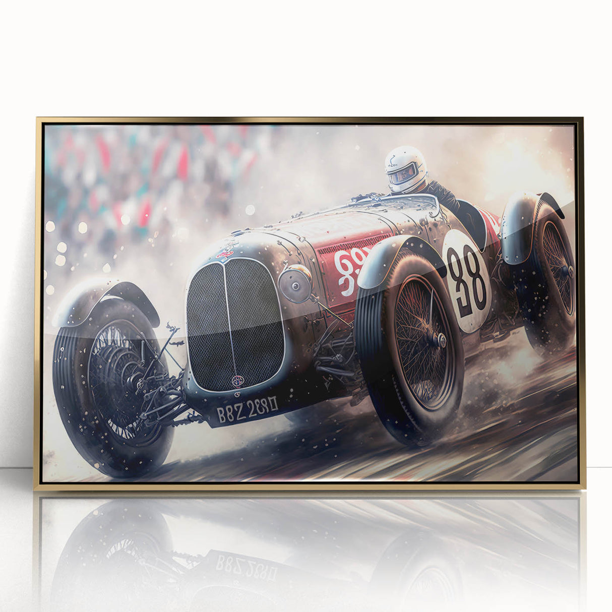 Mid-century modernist race car artwork in vibrant red and yellow on gold-framed acrylic, suitable for modern art wall decor.