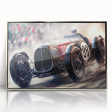 Mid-century modernist art depicting a race car scene in vibrant red and blue tones on a silver-framed acrylic print.