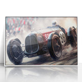 Acrylic print of race cars in motion, utilizing art deco style with vibrant red and blue tones, ideal for nursery wall art.