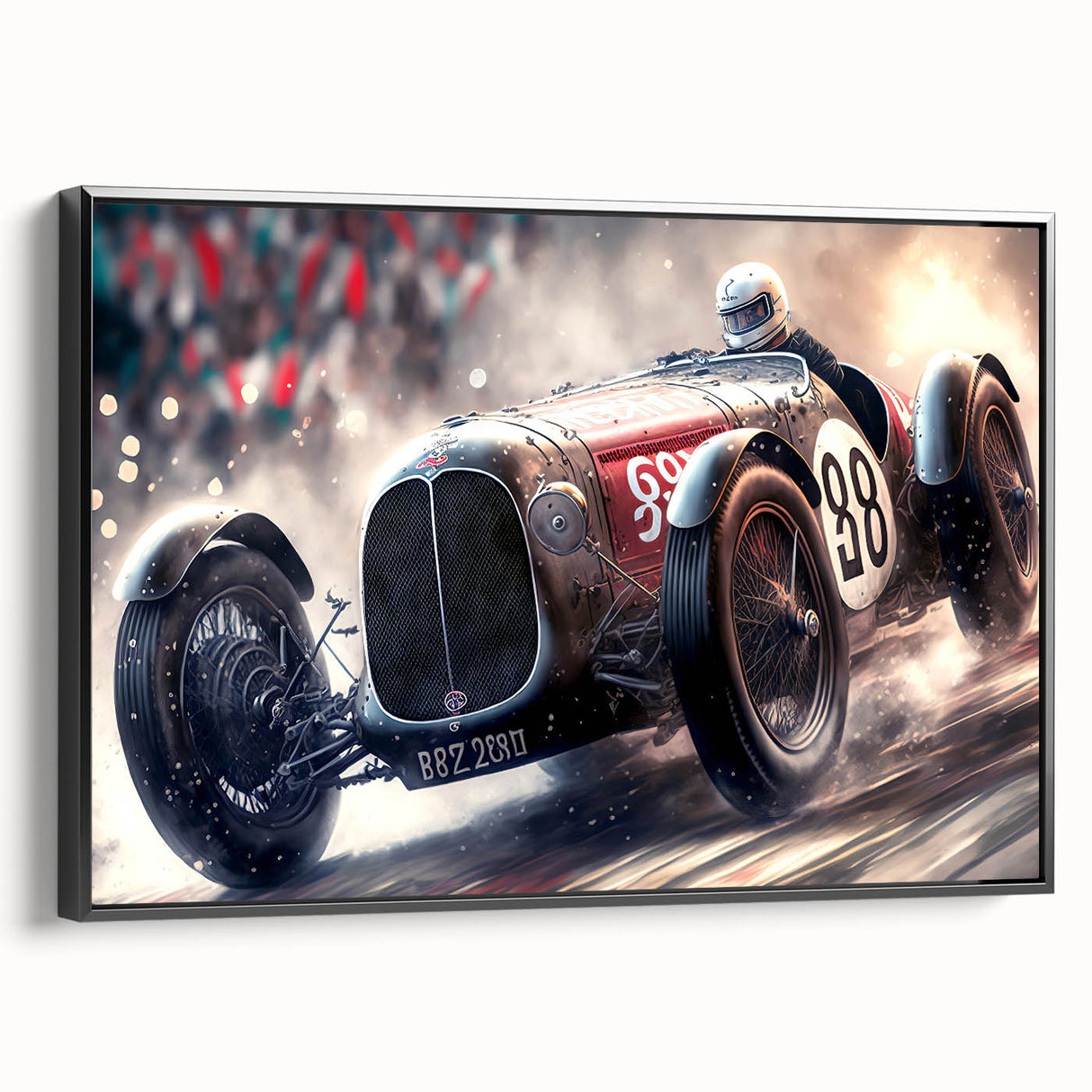 Black and white framed canvas featuring a vintage race car in motion, ideal for bedroom wall decor.