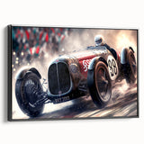 Black and white framed canvas featuring a vintage race car in motion, ideal for bedroom wall decor.