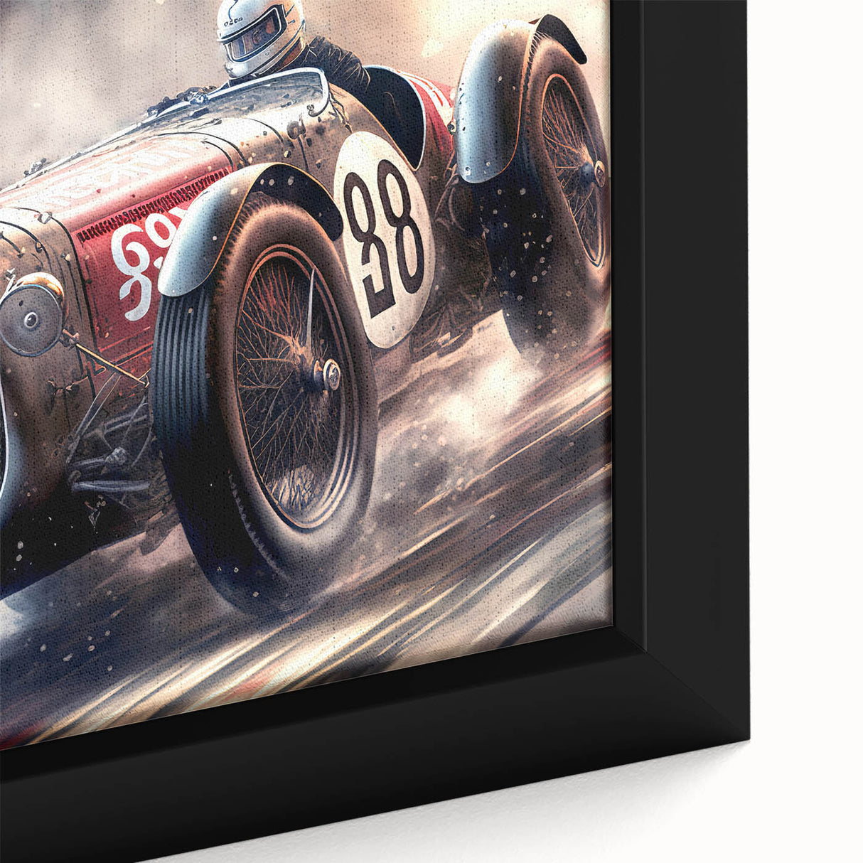 Extra large framed canvas featuring a close-up of race cars in motion, using a black background with vibrant.