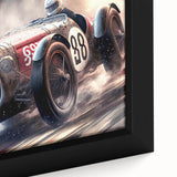 Extra large framed canvas featuring a close-up of race cars in motion, using a black background with vibrant.