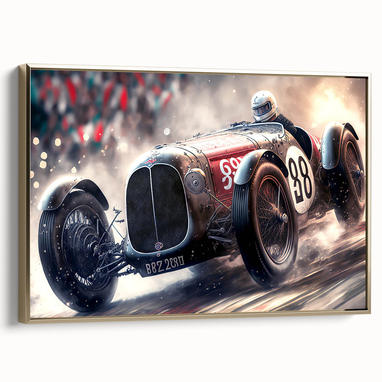 Framed canvas featuring a side view of vintage race cars in black and gold, ideal for bedroom wall art.