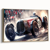 Framed canvas featuring a side view of vintage race cars in black and gold, ideal for bedroom wall art.