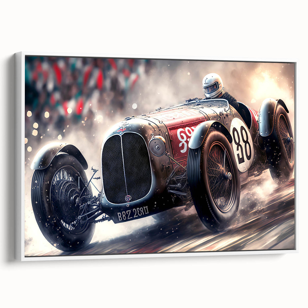 Vintage poster art of race cars in motion, featuring a palette of black and vibrant colors on a framed canvas.