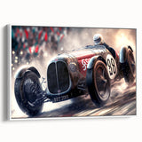 Vintage poster art of race cars in motion, featuring a palette of black and vibrant colors on a framed canvas.