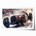 Art wall featuring a dynamic race car scene in vivid colors on a rolled print, suitable for dining room decor.