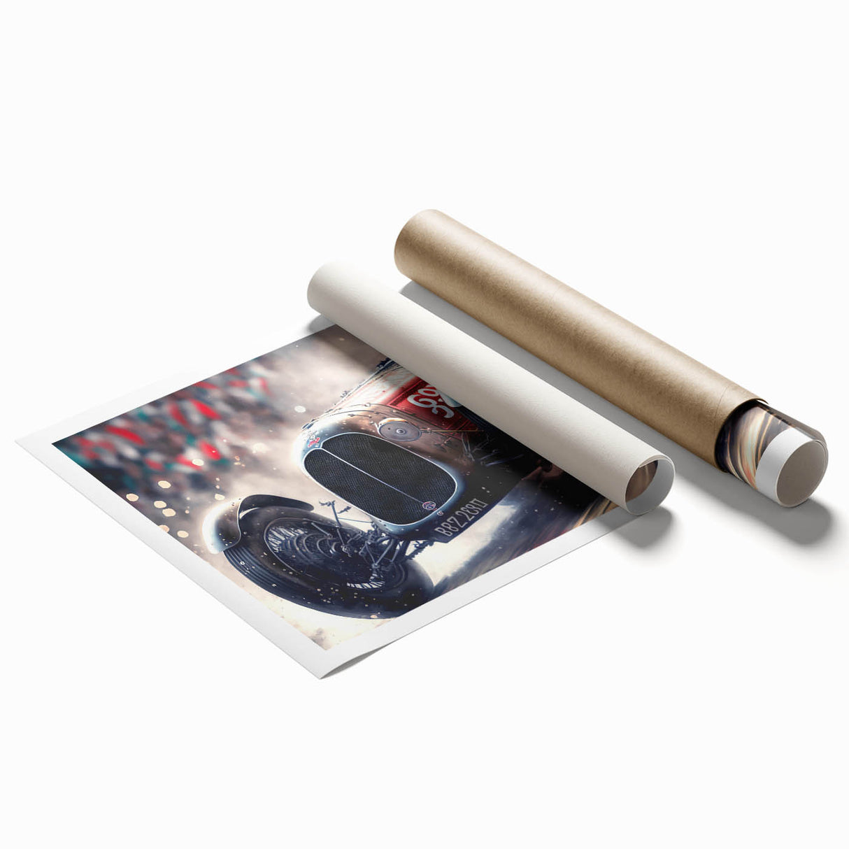 Rolled print featuring a collection of race cars in vivid colors, suitable for large living room wall art.