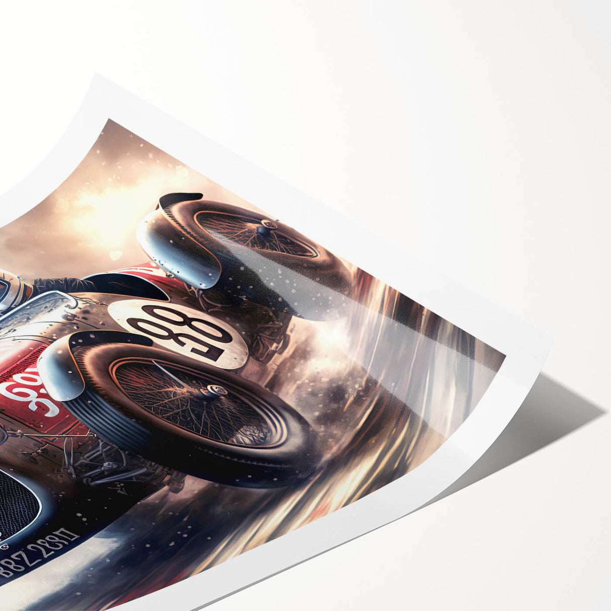 Extra large wall art featuring a dynamic race car scene in vivid colors on a rolled print.