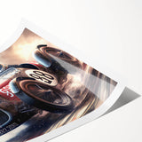 Extra large wall art featuring a dynamic race car scene in vivid colors on a rolled print.