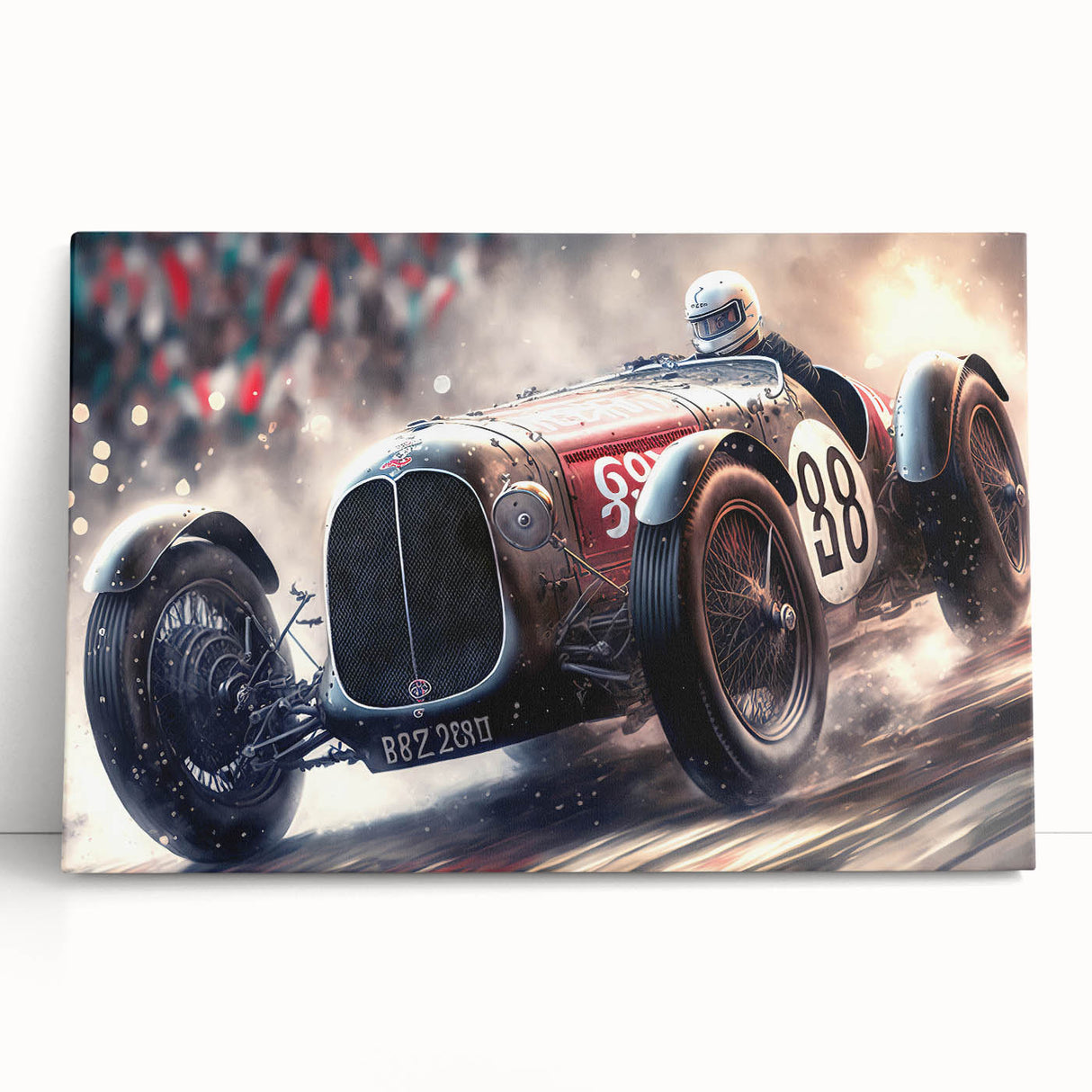 Black and white photo of race cars on track, large stretched canvas, suited for kitchen wall art.