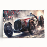 Black and white photo of race cars on track, large stretched canvas, suited for kitchen wall art.