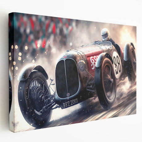 Side view of race cars in motion, depicted in vibrant red and blue tones on a stretched canvas.