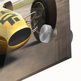 Mid-century modernist race cars in vibrant colors on large acrylic glass, ideal for dining room art.