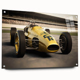 Acrylic print of race cars in motion, featuring dynamic streaks of red and blue.