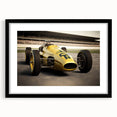 Abstract art print of race cars in vibrant colors, textured on a large black-framed canvas, ideal for living room decor.