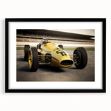 Abstract art print of race cars in vibrant colors, textured on a large black-framed canvas, ideal for living room decor.