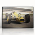 Large abstract wall art featuring race cars in dynamic motion, using a mid-century modernist style, framed in black acrylic.