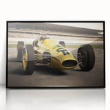 Large abstract wall art featuring race cars in dynamic motion, using a mid-century modernist style, framed in black acrylic.