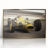 Art deco style race cars in motion, rendered in bold primary colors on a gold-framed acrylic.