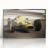Mid-century modernist race cars in vivid colors on a large framed acrylic print, suitable for nursery wall decor.