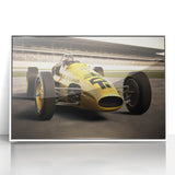 Mid-century modernist art deco poster featuring race cars in vibrant colors on white acrylic, ideal for nursery wall art.