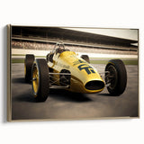 Framed canvas featuring a vintage poster of racing cars in black and gold, ideal for bedroom wall art.