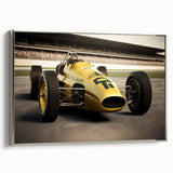 Framed canvas featuring a vintage poster of colorful race cars in motion, ideal for decorating a game room or office.