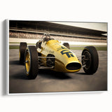 Vintage poster art of colorful race cars in motion on a large framed canvas, suited for living room decor.
